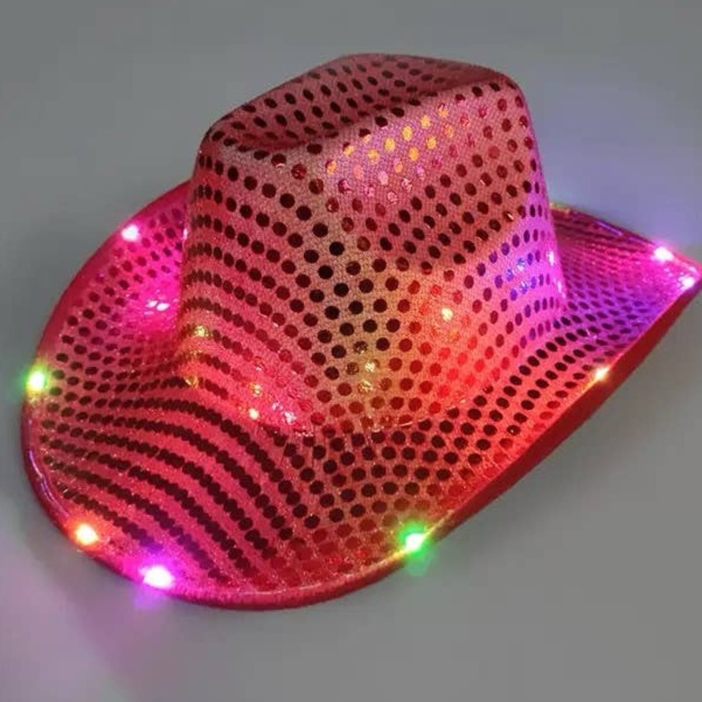 Flashing LED Lights Red Sequin Cowboy Holiday Hat